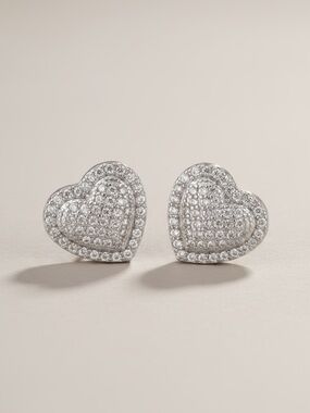 Silver Heart Pavé Stud Earrings - White
